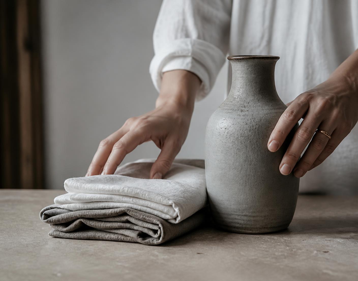 Hands folding fresh linen in a quiet interior