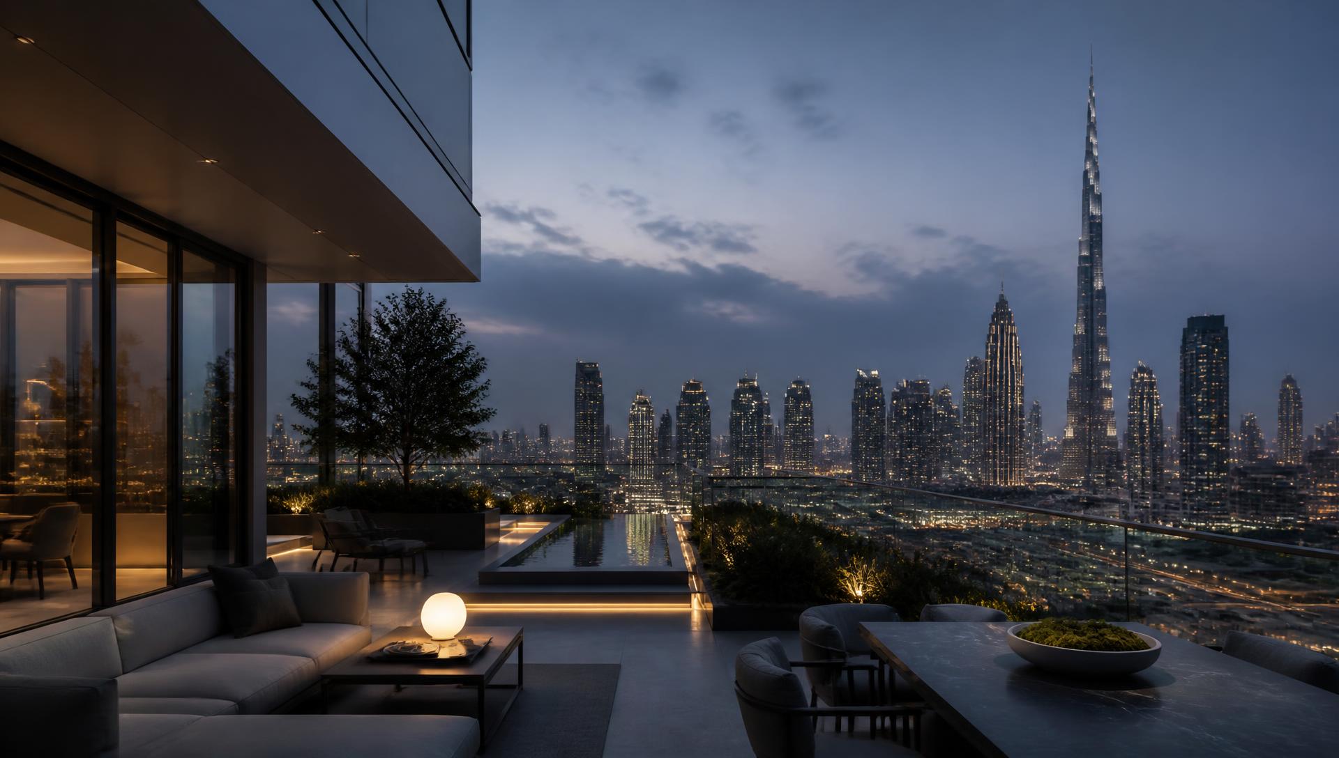 Residence terrace overlooking the Dubai skyline at dusk
